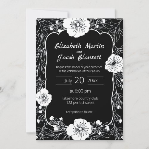 Floral Line Art White and Black Wedding Invitation