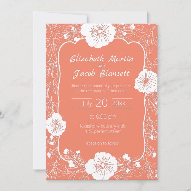 Floral Line Art White and Salmon Wedding Invitation (Front)