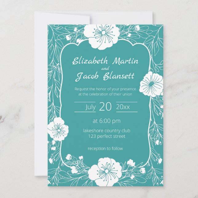 Floral Line Art White and Teal Wedding Invitation (Front)