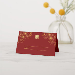 Floral line cherry blossom Chinese wedding red Place Card