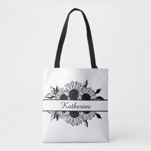 Floral line drawing sunflowers personalized name tote bag