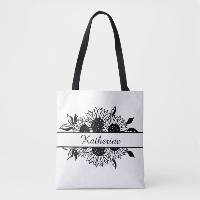 Floral line drawing sunflowers personalized name tote bag (Front)