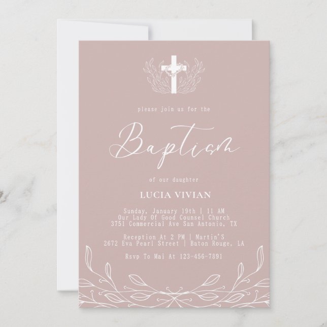 Floral Line Neutral Cross Minimalist Baptism Invitation (Front)