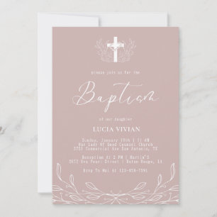 Floral Line Neutral Cross Minimalist Baptism Invitation