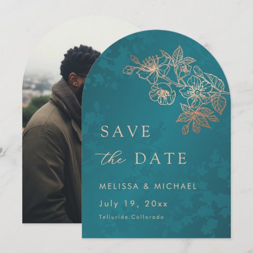 Floral Line Rose Gold Teal Arched Save The Date