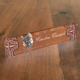 Floral Lion and Woman Portrait Desk Name Plate