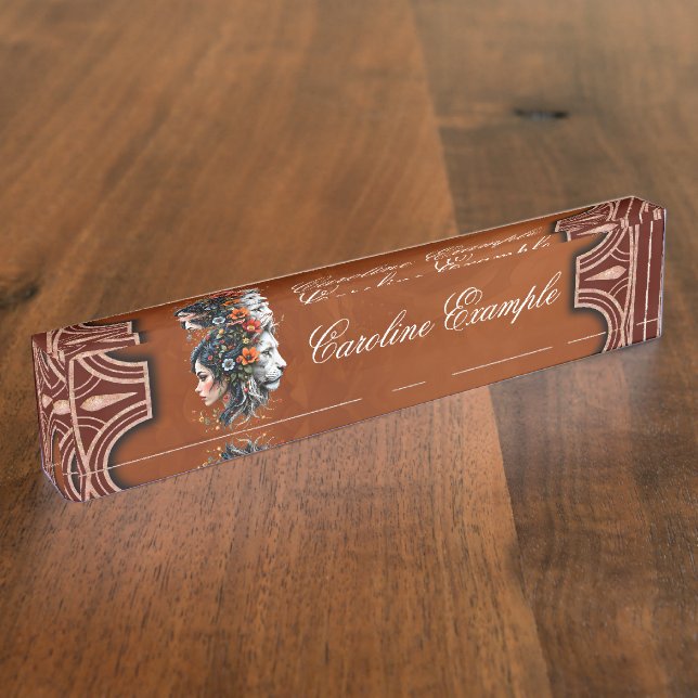 Floral Lion and Woman Portrait  Desk Name Plate (Side)