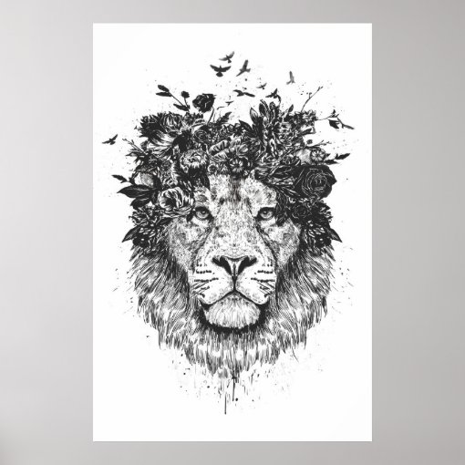 Floral lion (blackandwhite) poster | Zazzle