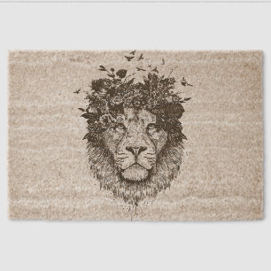 Floral lion fiber doormat