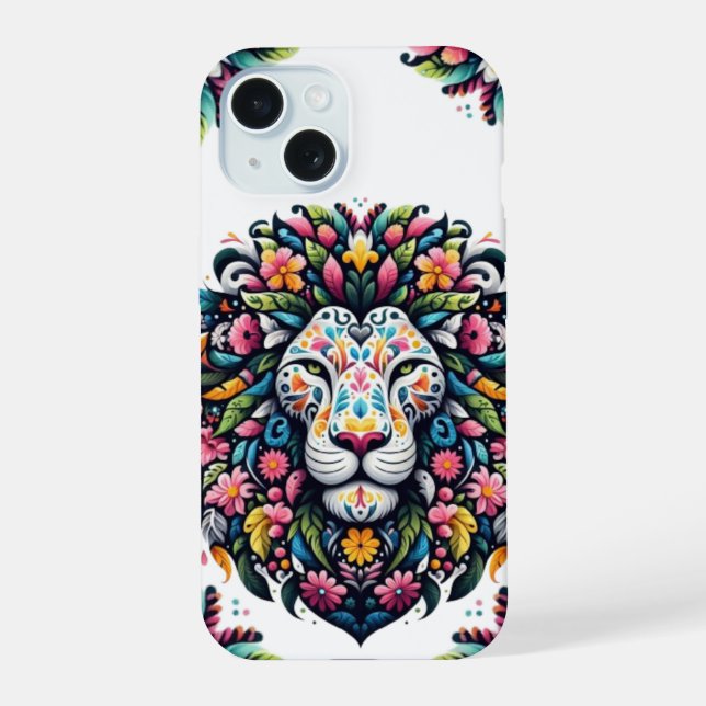 Floral Lion Silhouette iPhone 15 Case (Back)