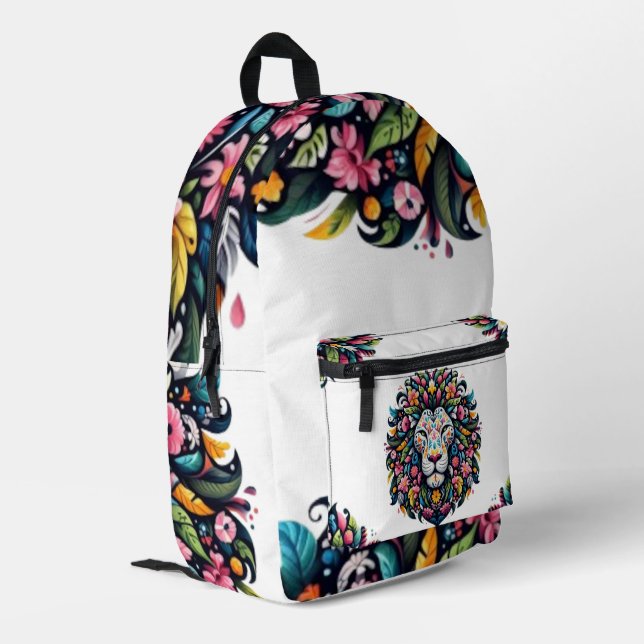 Floral Lion Silhouette Printed Backpack (Back Corner Left)