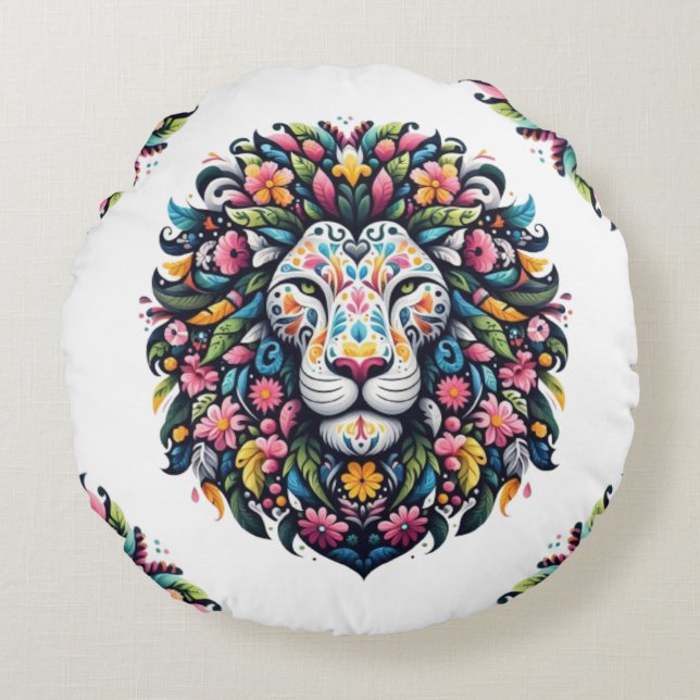 Floral Lion Silhouette Round Pillow (Front)