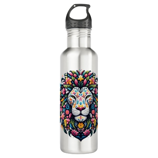 Floral Lion Silhouette Stainless Steel Water Bottle (Front)