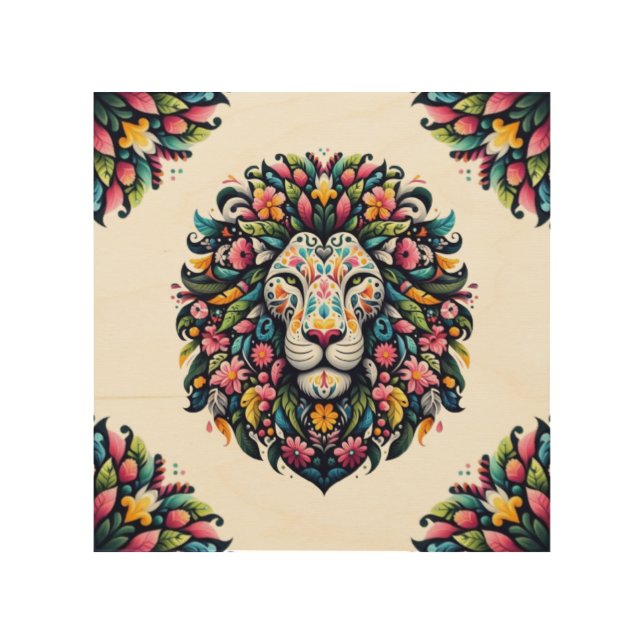 Floral Lion Silhouette Wood Wall Art (Front)