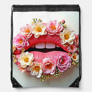 Floral Lips Artistry Drawstring Bag