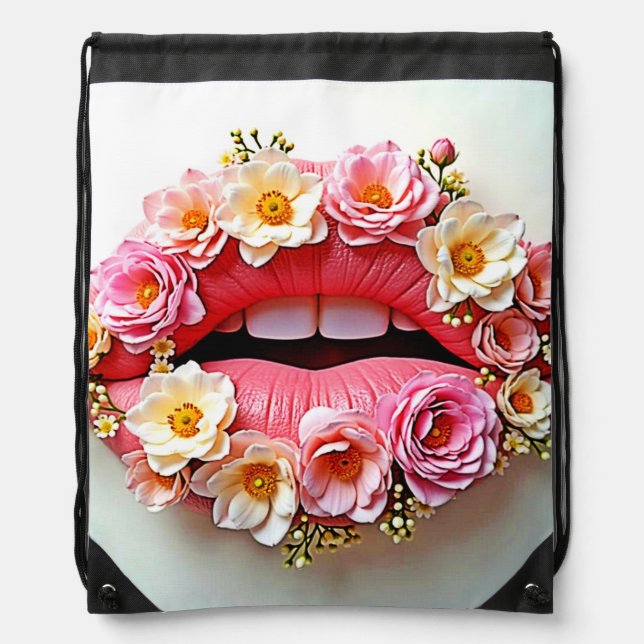Floral Lips Artistry Drawstring Bag (Front)