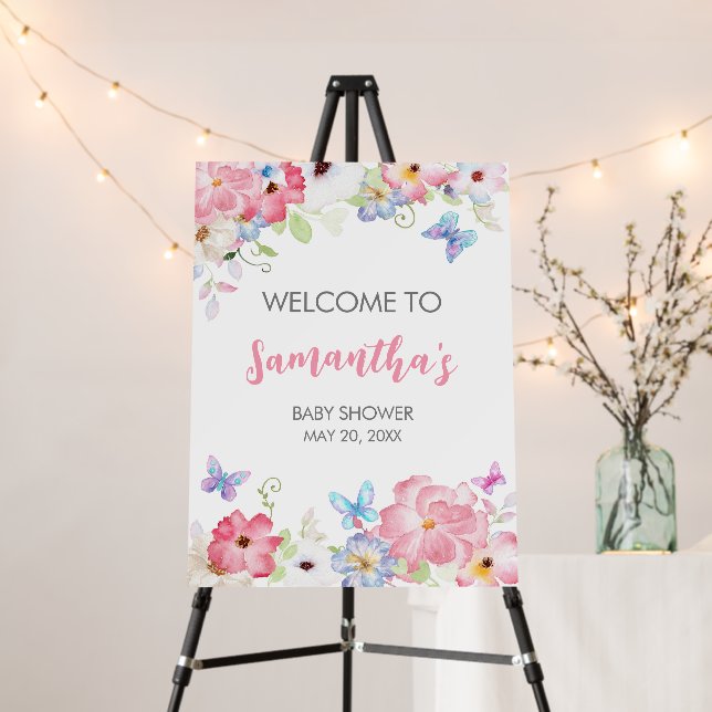 Floral Little Butterfly Baby Shower Welcome Sign (In Situ (Stand))