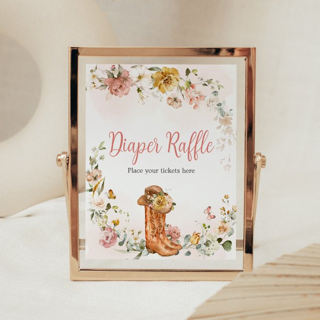 Floral Little Cowgirl Baby Shower Diaper Raffle Poster (Cowgirl Wild West Baby Shower Diaper Raffle Sign)