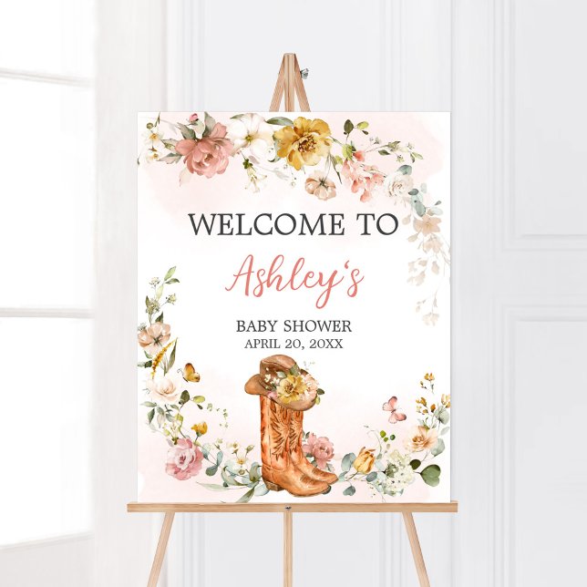 Floral Little Cowgirl Baby Shower Welcome Poster (Cowgirl Wild West Baby Shower Welcome Sign)