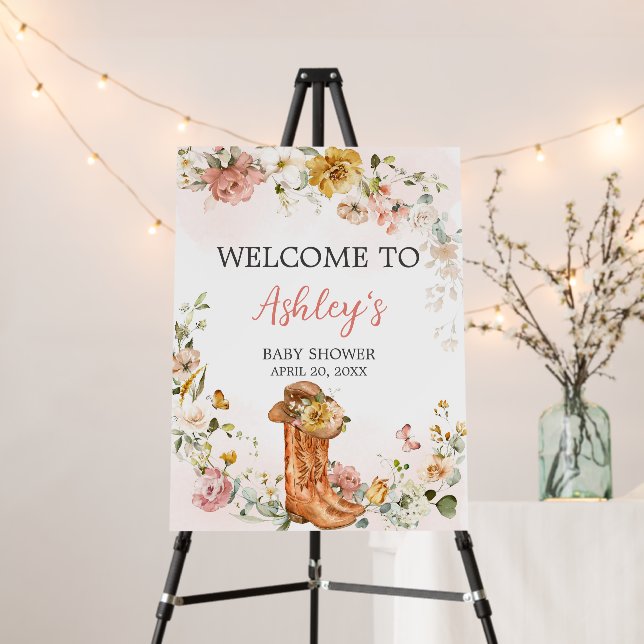 Floral Little Cowgirl Baby Shower Welcome Sign (In Situ (Stand))