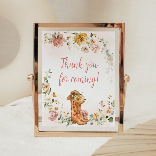 Floral Little Cowgirl Thank you for Coming Poster (Cowgirl Wild West Baby Shower Thank you for Coming Sign)