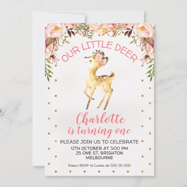 Floral Little Deer Birthday Party Invitation (Front)