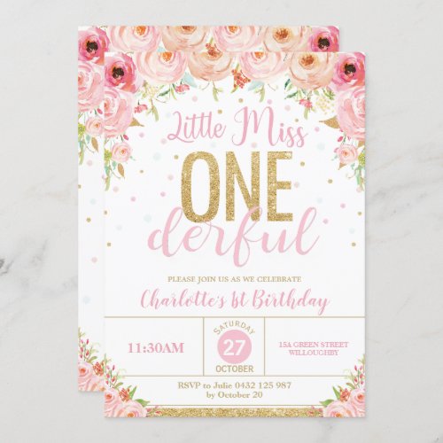 Floral Little Miss Onederful 1st Birthday Gold Invitation