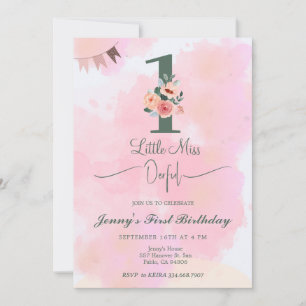 Floral Little Miss Onederful 1st Birthday  Invitation