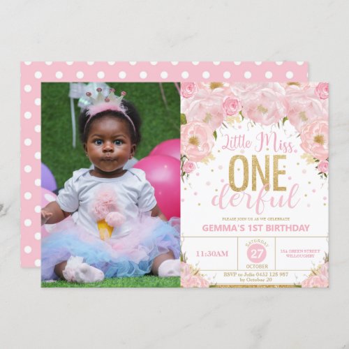 Floral Little Miss Onederful 1st Birthday Photo Invitation