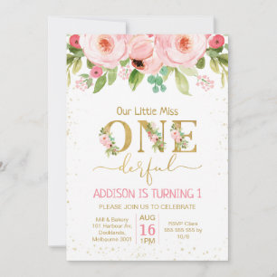 Floral Little Miss Onederful Birthday Invitation