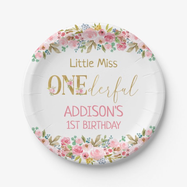 Floral Little Miss Onederful First Birthday  Paper Plates (Front)