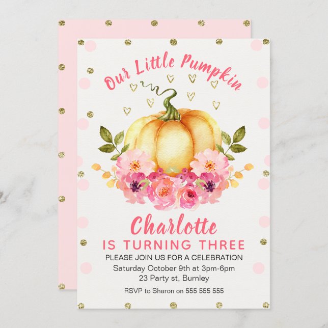Floral Little Pumpkin Birthday Invitation (Front/Back)