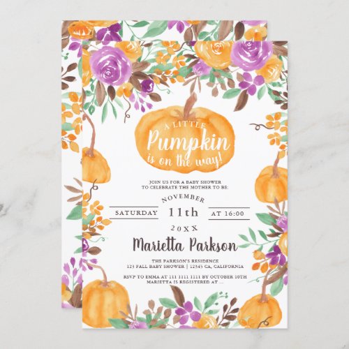 Floral Little pumpkin fall watercolor baby shower Invitation
