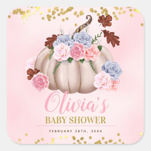 Floral Little Pumpkin Girl Baby Shower Square Sticker