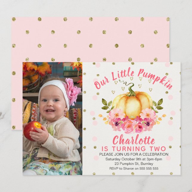 Floral Little Pumpkin Photo Birthday Invitation (Front/Back)