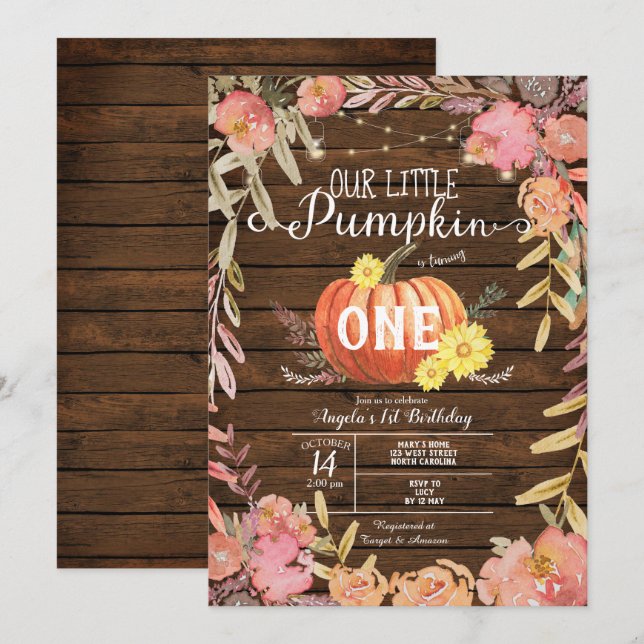 Floral Little Pumpkin Wood Fall 1st Birthday Invitation (Front/Back)