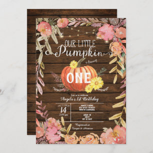 Floral Little Pumpkin Wood Fall 1st Birthday Invitation