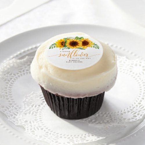 Floral Little Sunflower On The Way Baby Shower Edible Frosting Rounds