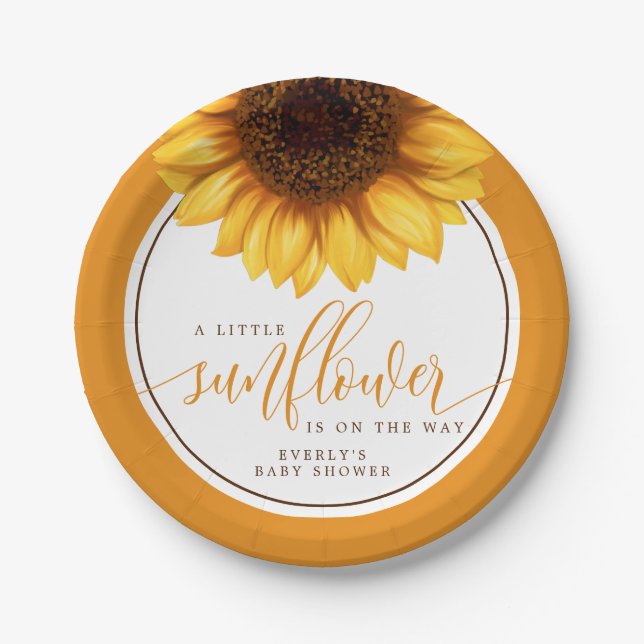 Floral Little Sunflower On The Way Baby Shower Paper Plates (Front)