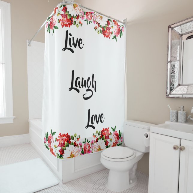 Floral "Live, Laugh, Love" Elegant Shower Curtain (In Situ)