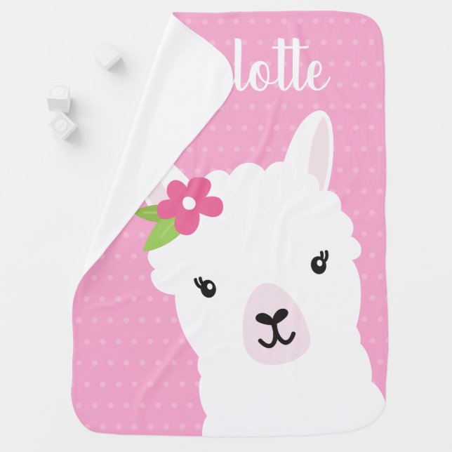 Floral Llama Alpaca Pink Personalized Girl Baby Blanket (In Situ)