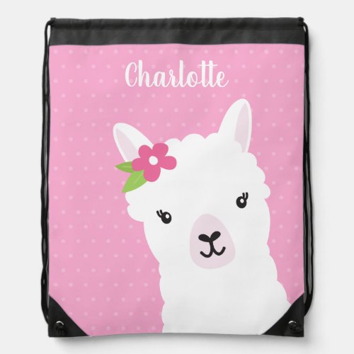 Floral Llama Alpaca Pink Personalized Girl Drawstring Bag