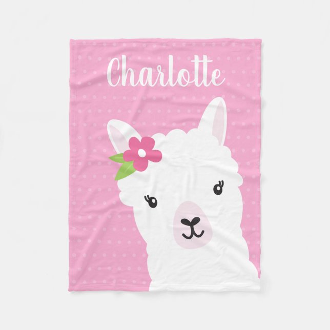 Floral Llama Alpaca Pink Personalized Girl Fleece Blanket (Front)