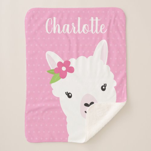 Floral Llama Alpaca Pink Personalized Girl Sherpa Blanket