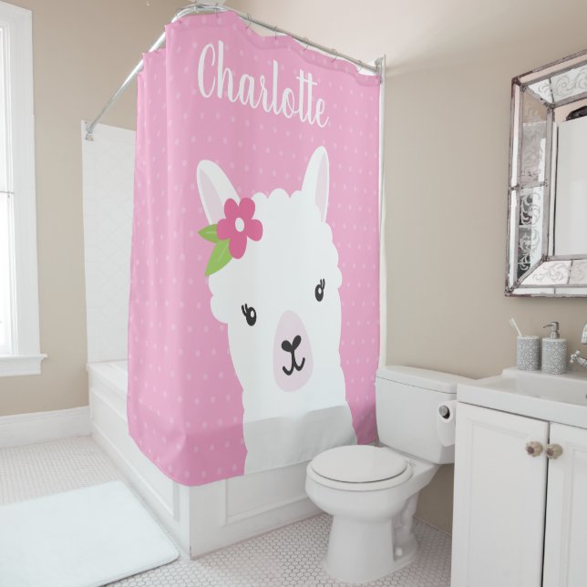 Floral Llama Alpaca Pink Personalized Kids Shower Curtain (In Situ)