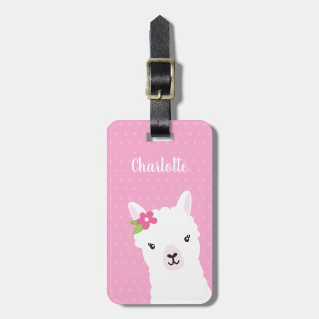 Floral Llama Alpaca Pink Personalized Luggage Tag (Front Vertical)