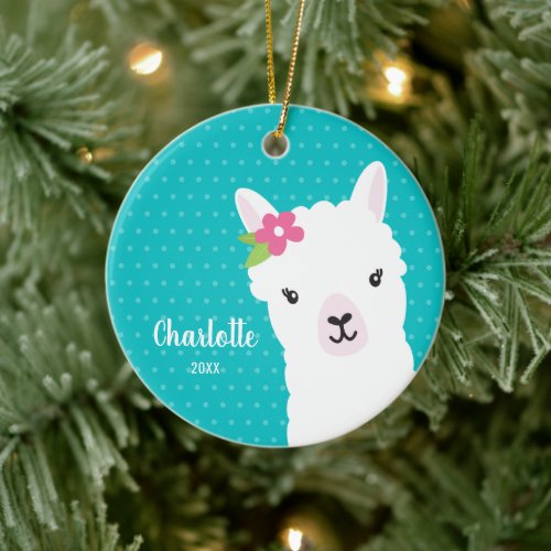 Floral Llama Alpaca Teal Girl Christmas Ceramic Ornament