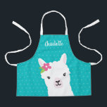 Floral Llama Alpaca Teal Girl Personalized Kids Apron<br><div class="desc">This cute llama personalized kids apron makes a great custom gift for a girl baker. Design features a sweet white llama illustration,  flower and teal polka dot background.</div>