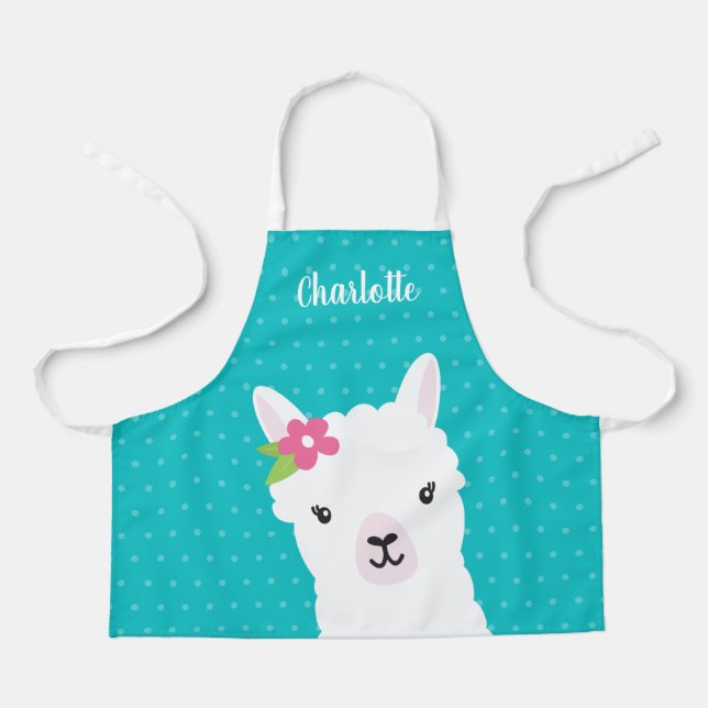 Floral Llama Alpaca Teal Girl Personalized Kids Apron (Front)