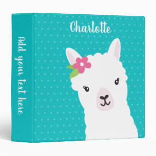 Floral Llama Alpaca Teal Personalized Girl 3 Ring Binder